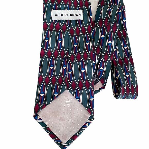 Vintage Albert Nipon Geo Mod Burgundy Silk Tie - Picture 2 of 3